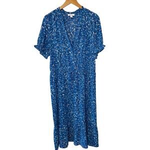 BRANNAN Cottage Core Blue Speckled Print Ruffle Short Sleeve Midi Dress Size XL